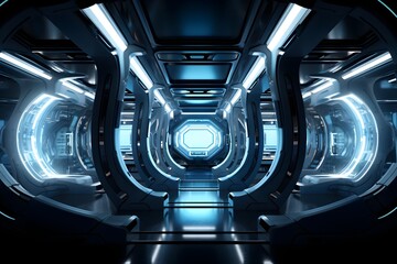 Captivating Futuristic Space Station Interior with Sleek Metallic Corridors and Striking Illumination