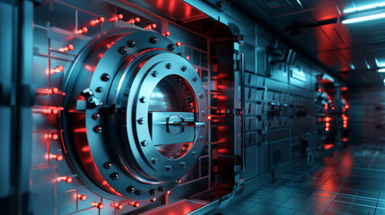 Digital vault showcasing secure cryptocurrency storage, with layers of encryption visualized, - obrazy, fototapety, plakaty