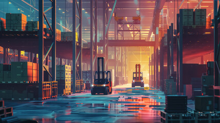 Dramatic illustration of a warehouse at dawn, with AI forklifts preparing orders for early dispatch, - obrazy, fototapety, plakaty