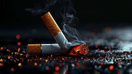 Closeup of a burning cigarette with smoke on a dark background - obrazy, fototapety, plakaty