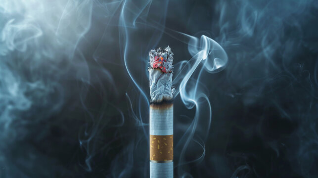 Closeup of a burning cigarette with smoke on a dark background