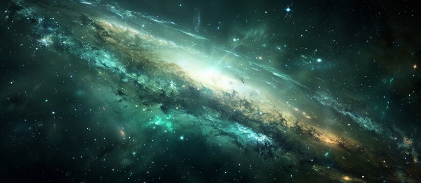 The image showcases a detailed close-up view of a beautiful galaxy, shining brightly with a vivid green light illuminating the vast cosmic expanse