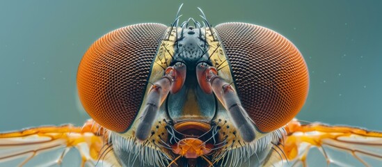 An extreme close-up image displaying a fly with an oversized head, showcasing intricate details of its features - obrazy, fototapety, plakaty