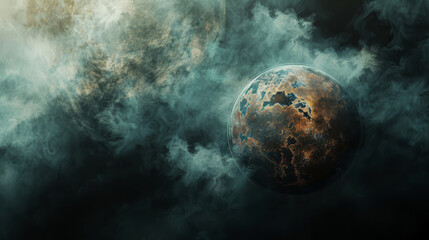 Dynamic graphic of a planet wrapped in thick smog, barely discernible landmasses beneath, - obrazy, fototapety, plakaty