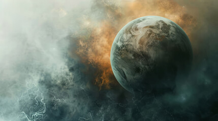 Dynamic graphic of a planet wrapped in thick smog, barely discernible landmasses beneath, - obrazy, fototapety, plakaty
