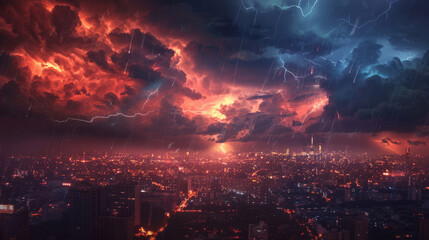 Fototapeta premium Dynamic graphic of thunderstorms supercharged by climate change, casting dark shadows over urban landscapes,