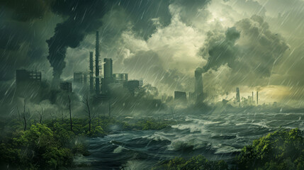 Dynamic image of a storm-ravaged Earth, with the forces of nature unleashed by climate change toppling towers of industry, - obrazy, fototapety, plakaty
