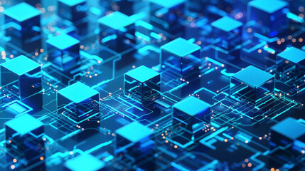 Obraz premium Dynamic infographic of a blockchain network, visualized with interconnected blue blocks of data,