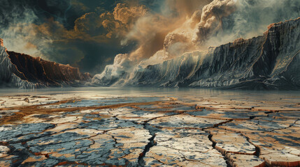 Dynamic image of Earth's water sources evaporating, leaving behind a cracked, desolate landscape thirsting for care, - obrazy, fototapety, plakaty
