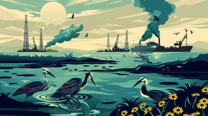 Environmental impact infographic of oil spills, showcasing recovery efforts and wildlife rehabilitation,