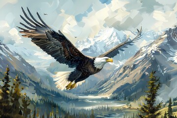Oil painting features eagle birds  soaring above mountain wall art,  vintage farmhouse decor, digital art print, wallpaper, background  - obrazy, fototapety, plakaty