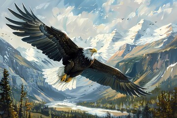 Oil painting features eagle birds  soaring above mountain wall art,  vintage farmhouse decor, digital art print, wallpaper, background 