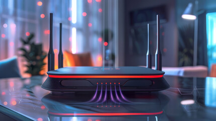 Futuristic 5G router emitting strong signal waves, powering a seamless smart home ecosystem,