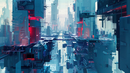 Futuristic cityscape, with buildings and streets formed from precise geometric shapes,
