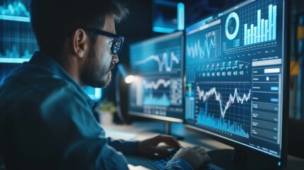 A real estate investor analyzing market trends and data on a computer screen, demonstrating the importance of research and analysis. 