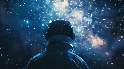 A space travelers back is towards us face obscured by helmet as they peer into the vastness of space marveling at the . . - obrazy, fototapety, plakaty