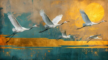 Chinoiserie impressionist  painting features crane flying over the golden sun on green background wall art,  vintage farmhouse decor, digital art print, wallpaper, background 