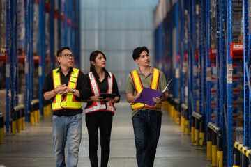A group of warehouse employees, Inspecting products on warehouse shelves before they are sent to...