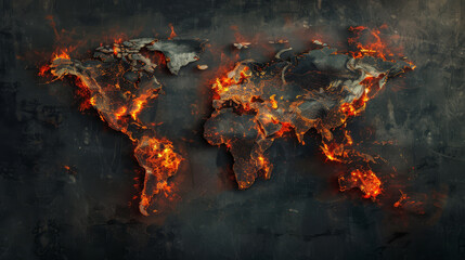 High-tech image of a scorched world map, with areas of conflict and exploitation highlighted in the glow of fires,