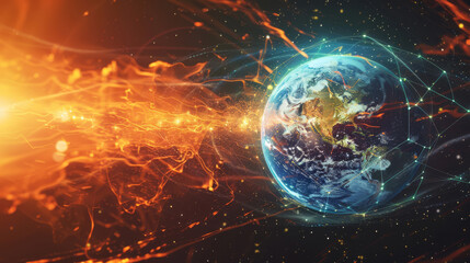 Obraz premium High-tech image of Earth wrapped in a thermal blanket, with temperature readouts peaking, indicative of a feverish planet,