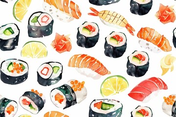 A seamless watercolor pattern featuring Sushi designs on a white background.	