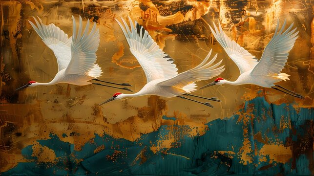 Chinoiserie impressionist  painting features crane flying over the golden sun on green background wall art,  vintage farmhouse decor, digital art print, wallpaper, background 