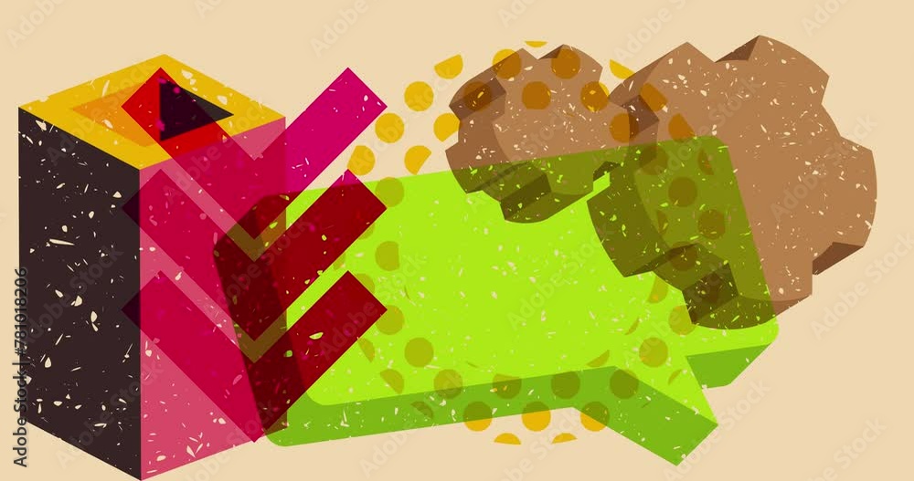 Poster risograph cogwheel and speech bubble with geometric shapes animation. moving object in trendy riso g