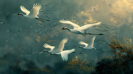 Chinoiserie impressionist  painting features crane flying over the golden sun on green background wall art,  vintage farmhouse decor, digital art print, wallpaper, background 