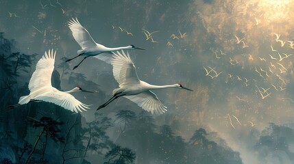 Chinoiserie impressionist  painting features crane flying over the golden sun on green background wall art,  vintage farmhouse decor, digital art print, wallpaper, background 