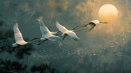 Chinoiserie impressionist  painting features crane flying over the golden sun on green background wall art,  vintage farmhouse decor, digital art print, wallpaper, background  - obrazy, fototapety, plakaty
