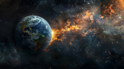 High-resolution depiction of Earth as a beacon of distress, sending out SOS signals as it burns in the void of space,