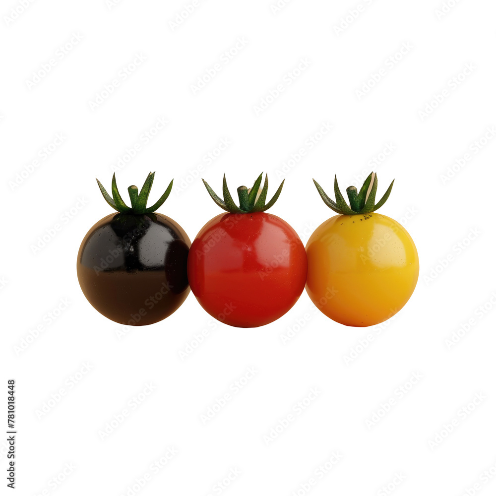 Poster three red tomatoes in a line on a transparent background