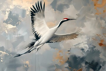 Chinoiserie impressionist  painting features crane flying wall art,  vintage farmhouse decor, digital art print, wallpaper, background  - obrazy, fototapety, plakaty