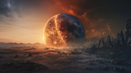 High-resolution portrayal of a planet divided, one half scorched and barren, the other desperately clinging to life, - obrazy, fototapety, plakaty