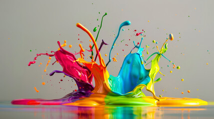 High-speed capture of colorful paint splashes colliding mid-air, photorealistic detail,