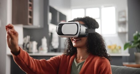 Girl, couch and virtual reality glasses for gaming or entertainment, video game and metaverse or esports. Female person, vr headset and interaction for futuristic experience and cyber fantasy.
