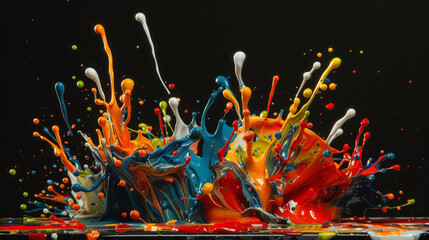 High-speed capture of colorful paint splashes colliding mid-air, photorealistic detail, - obrazy, fototapety, plakaty