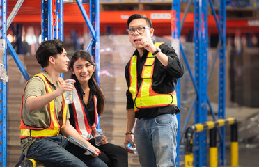 Group of warehouse employee rest comfortably during work