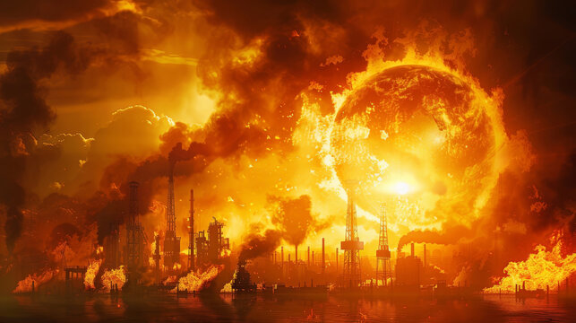 High-resolution image of a globe engulfed in flames, with oil rigs and factories silhouetted against the inferno,