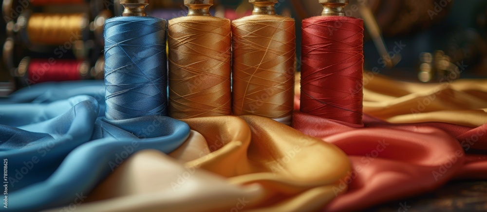 Poster a close-up view of assorted threads in different colors neatly arranged on a table, ready for crafti
