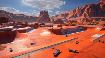 Capture the flag using hoverboards in a skateboarding and scootering park on Mars - obrazy, fototapety, plakaty