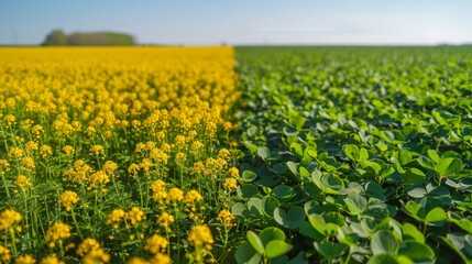 Fototapeta premium A timelapse image of a field transitioning from a vibrant yellow field of seed to a green oasis of clover showcasing the potential of rotational planting in improving soil fertility .
