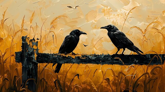 impressionist  painting features black crows  black moody  background wall art,  vintage farmhouse decor, digital art print, wallpaper, background 