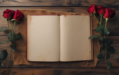 red roses laying next to an open vintage notebook with copy space.