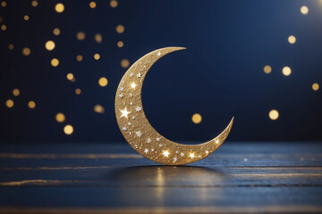3d illustration of a crescent moon with golden moon and stars ornament. Islamic greeting eid mubarak card design, crescent moon and mosque beautiful background. AI generated