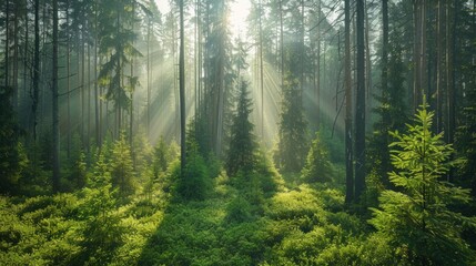 A lush green forest bathed in soft sunlight, with tall trees stretching towards the sky.