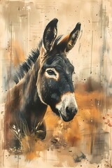 Water color painting features a portrait of donkey  on old background wall art,  farmhouse decor, digital art print, wallpaper, background 