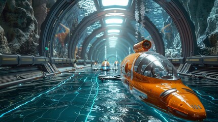 Water relay race through an underwater alien world explored by a submarine drone