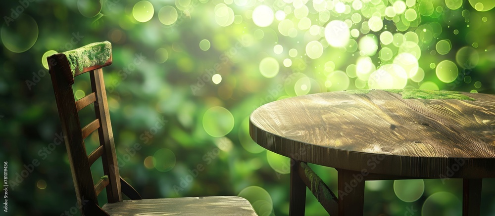 Poster table and chair made of wood placed in front of a solid green background, creating a simple and rust