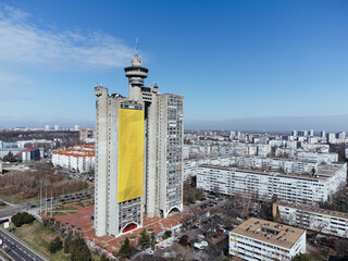 Drone view of the Belgrade Western Gate Genex tower, New Belgrade district, Serbia. Europe - obrazy, fototapety, plakaty